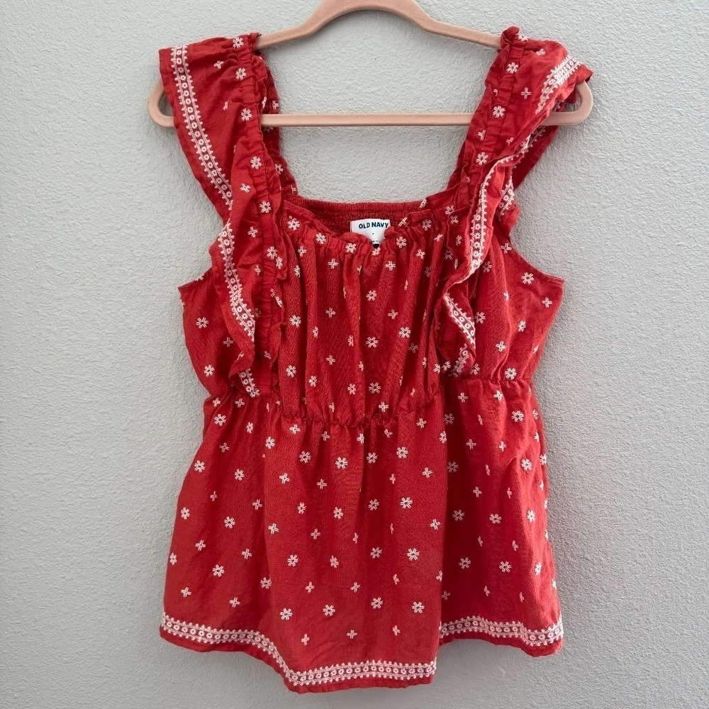 Embroidered-Print Ruffle‎ Babydoll Top Size Medium - Picture 2 of 10